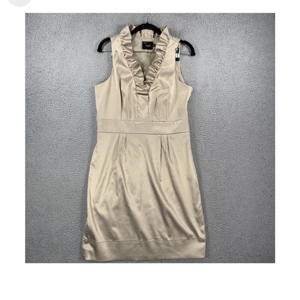 Just Taylor Dress 6 RUFFLE NECK SATIN SHEATH Pencil Evening Cocktail Old Gold - Picture 1 of 2